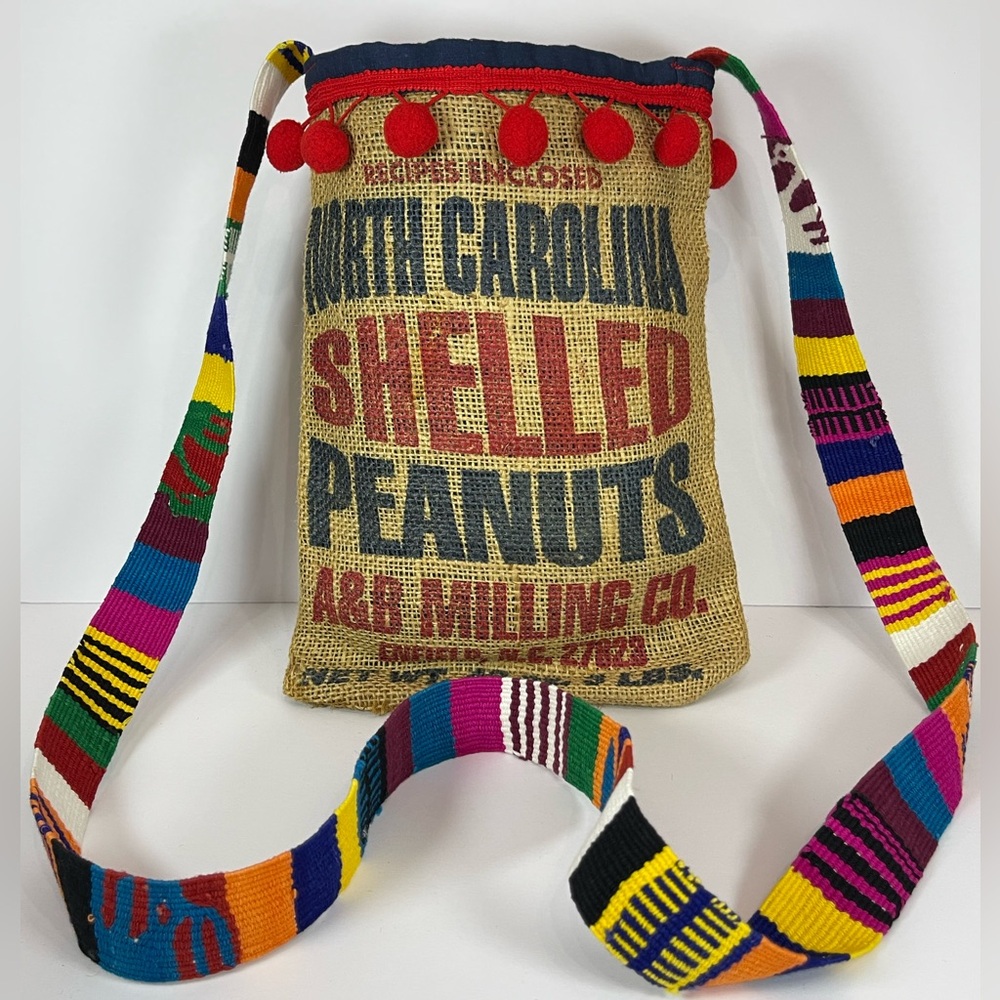Vintage upcycled North Carolina shelled peanuts burlap crossbody bag